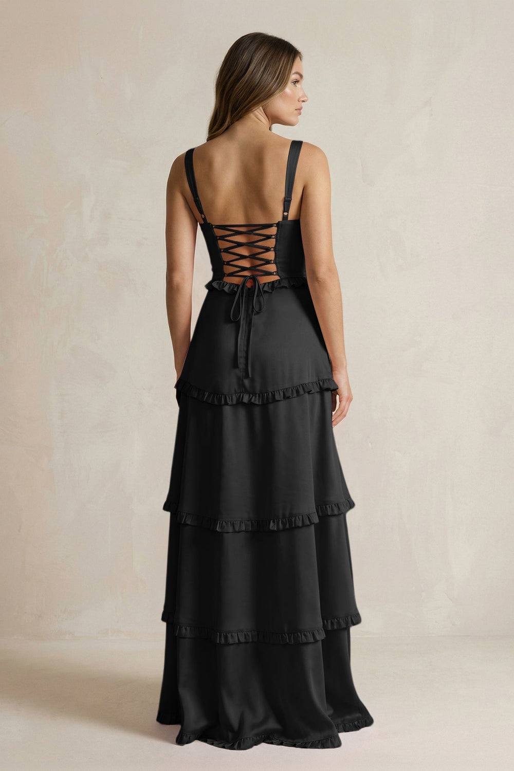 Tiered Ruffled A-Line Bridesmaid Dress With Slit in Black