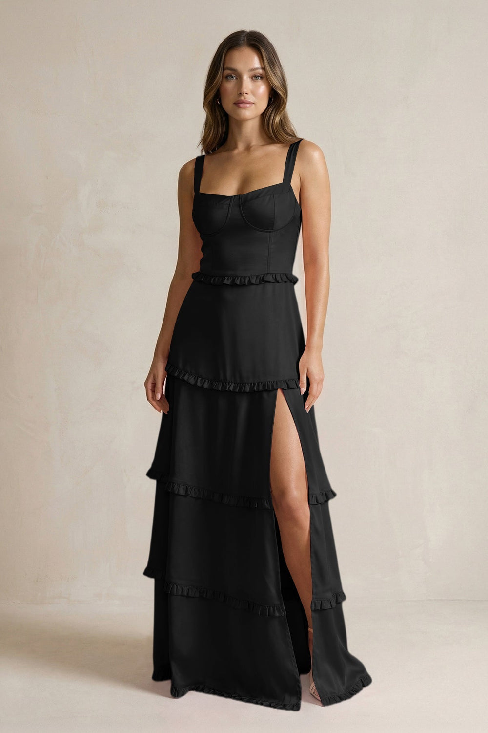 Tiered Ruffled A-Line Bridesmaid Dress With Slit in Black