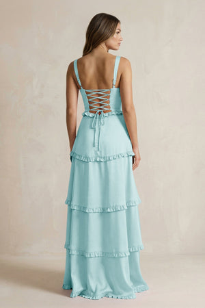 Tiered Ruffled A - Line Bridesmaid Dress With Slit in Bleached Aqua - KISS BRIDAL Bridesmaid Dresses