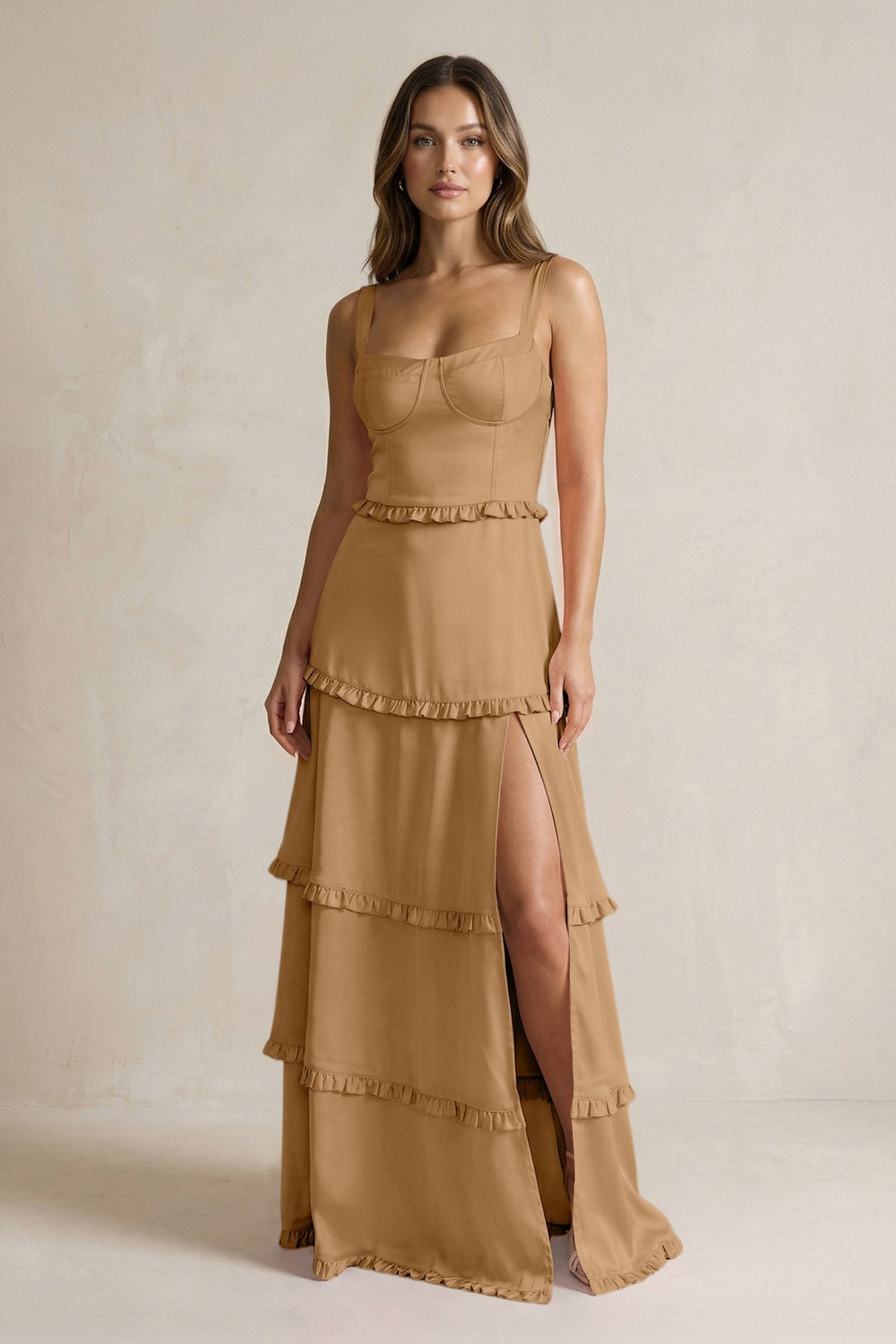 Tiered Ruffled A-Line Bridesmaid Dress With Slit in Bronzer