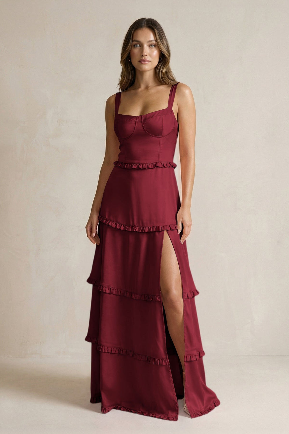 Tiered Ruffled A-Line Bridesmaid Dress With Slit in Burgundy