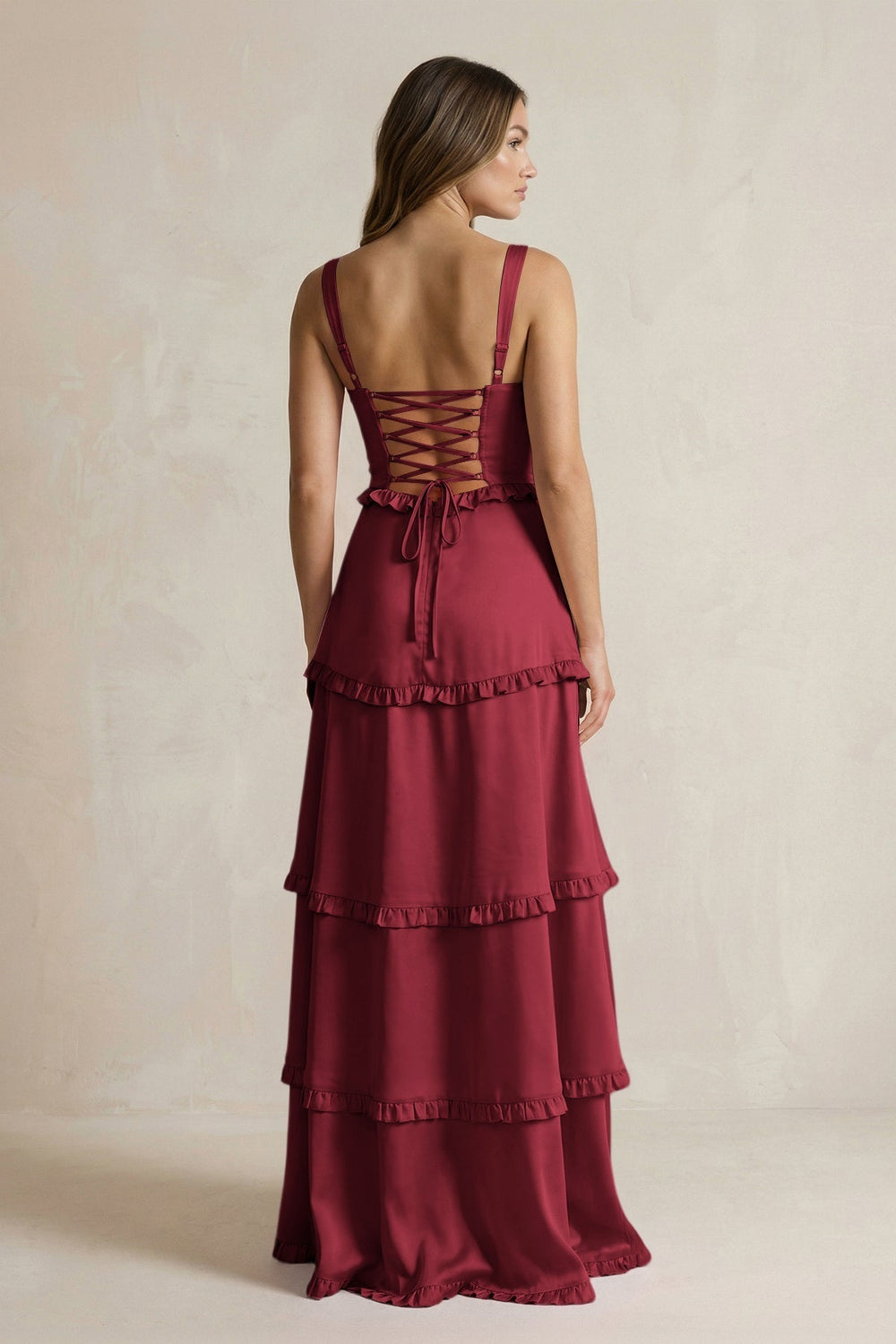 Tiered Ruffled A-Line Bridesmaid Dress With Slit in Burgundy