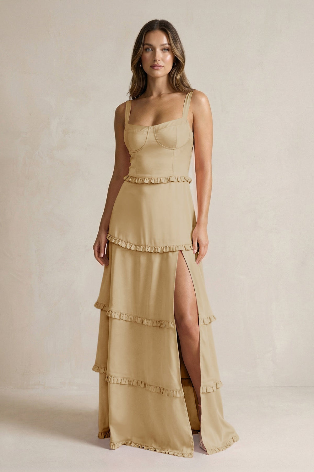 Tiered Ruffled A-Line Bridesmaid Dress With Slit in Champagne