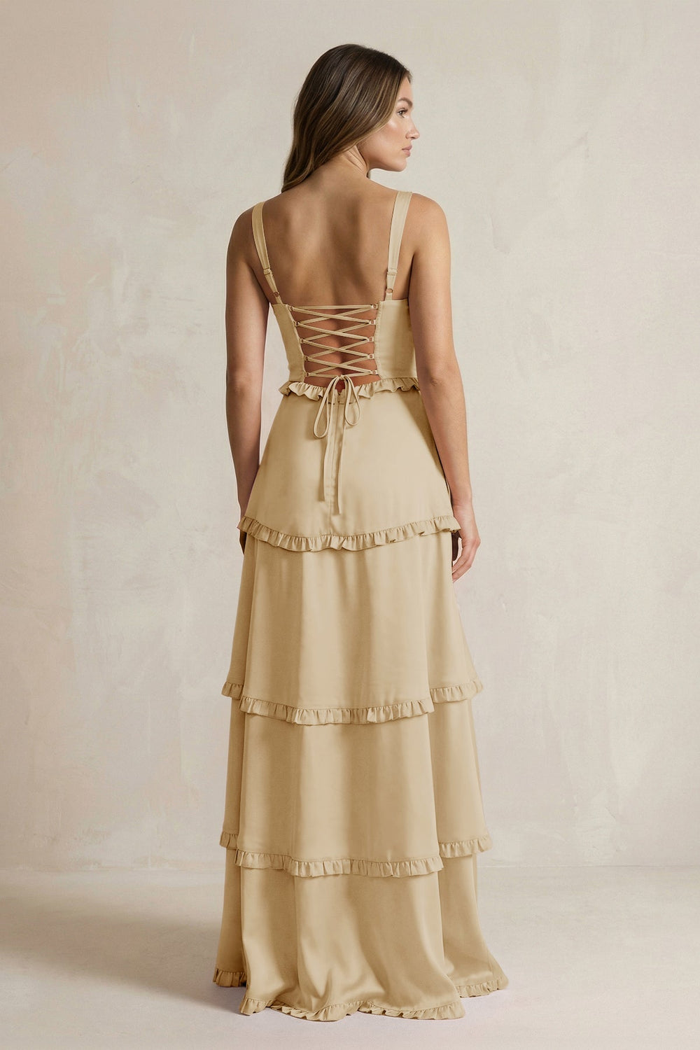 Tiered Ruffled A-Line Bridesmaid Dress With Slit in Champagne