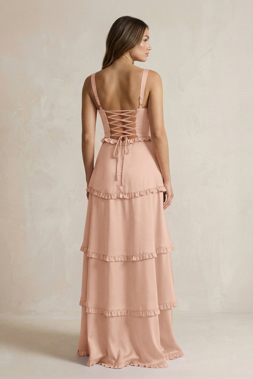 Tiered Ruffled A-Line Bridesmaid Dress With Slit in Champagne Rose