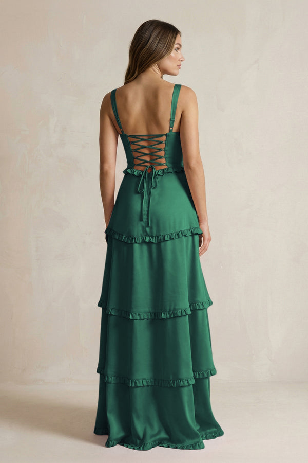 Tiered Ruffled A - Line Bridesmaid Dress With Slit in Dark Green - KISS BRIDAL Bridesmaid Dresses
