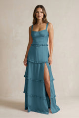 Tiered Ruffled A - Line Bridesmaid Dress With Slit in Dark Teal - KISS BRIDAL Bridesmaid Dresses