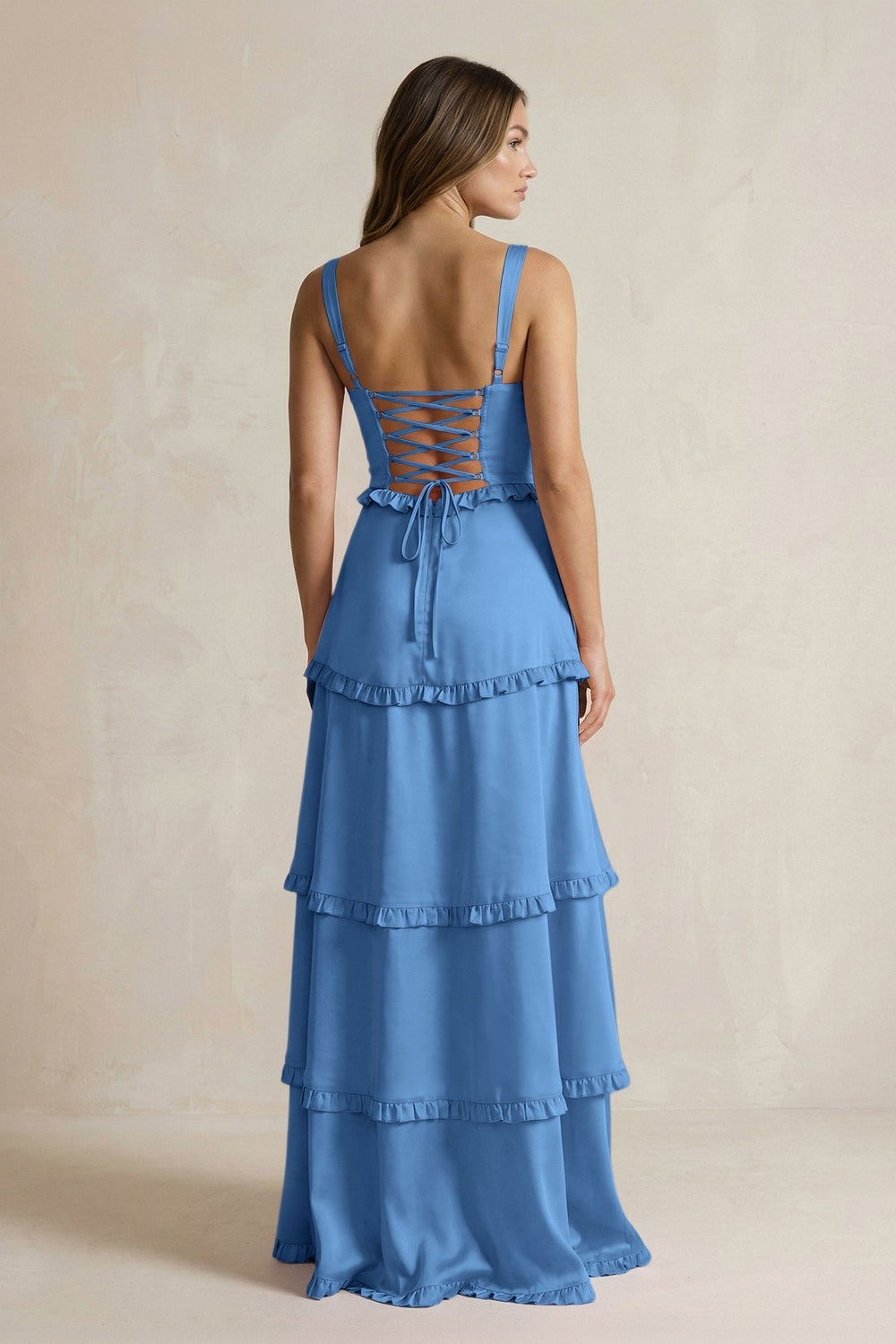 Tiered Ruffled A-Line Bridesmaid Dress With Slit in Dusty Blue