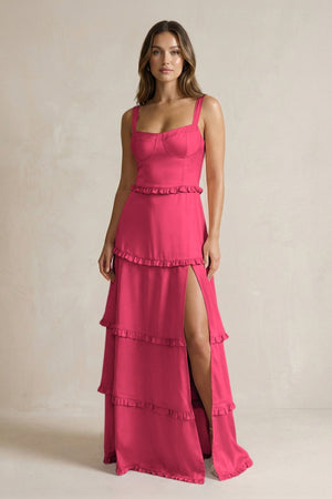 Tiered Ruffled A - Line Bridesmaid Dress With Slit in Fuchsia - KISS BRIDAL Bridesmaid Dresses