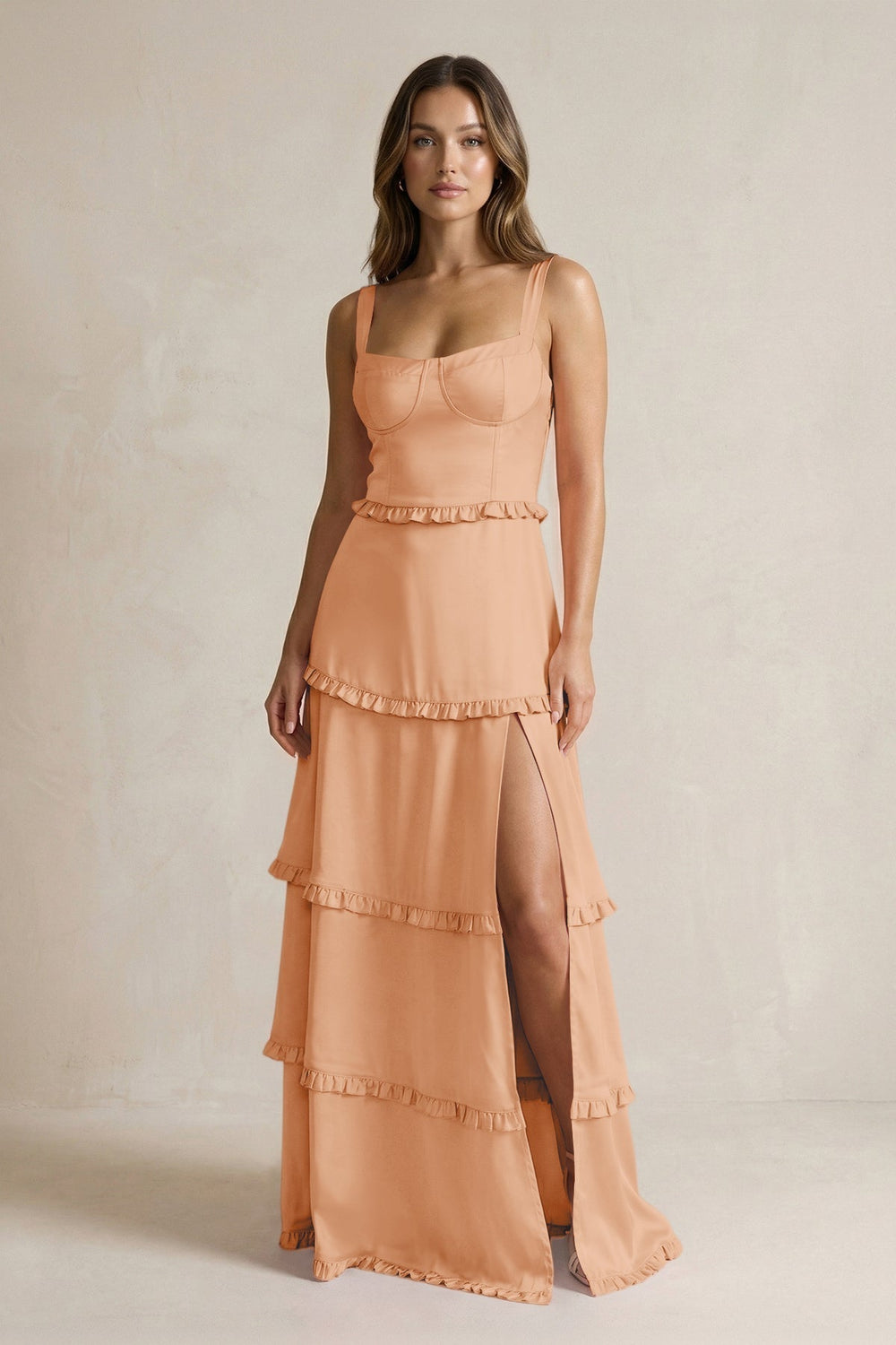 Tiered Ruffled A-Line Bridesmaid Dress With Slit in Golden Champagne