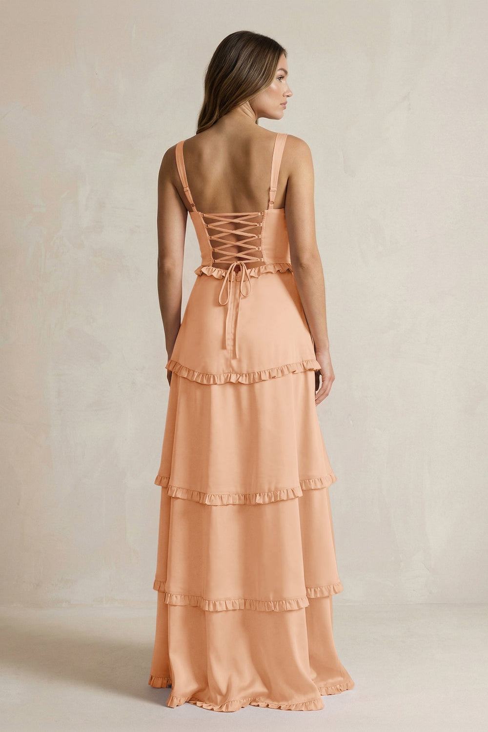 Tiered Ruffled A-Line Bridesmaid Dress With Slit in Golden Champagne
