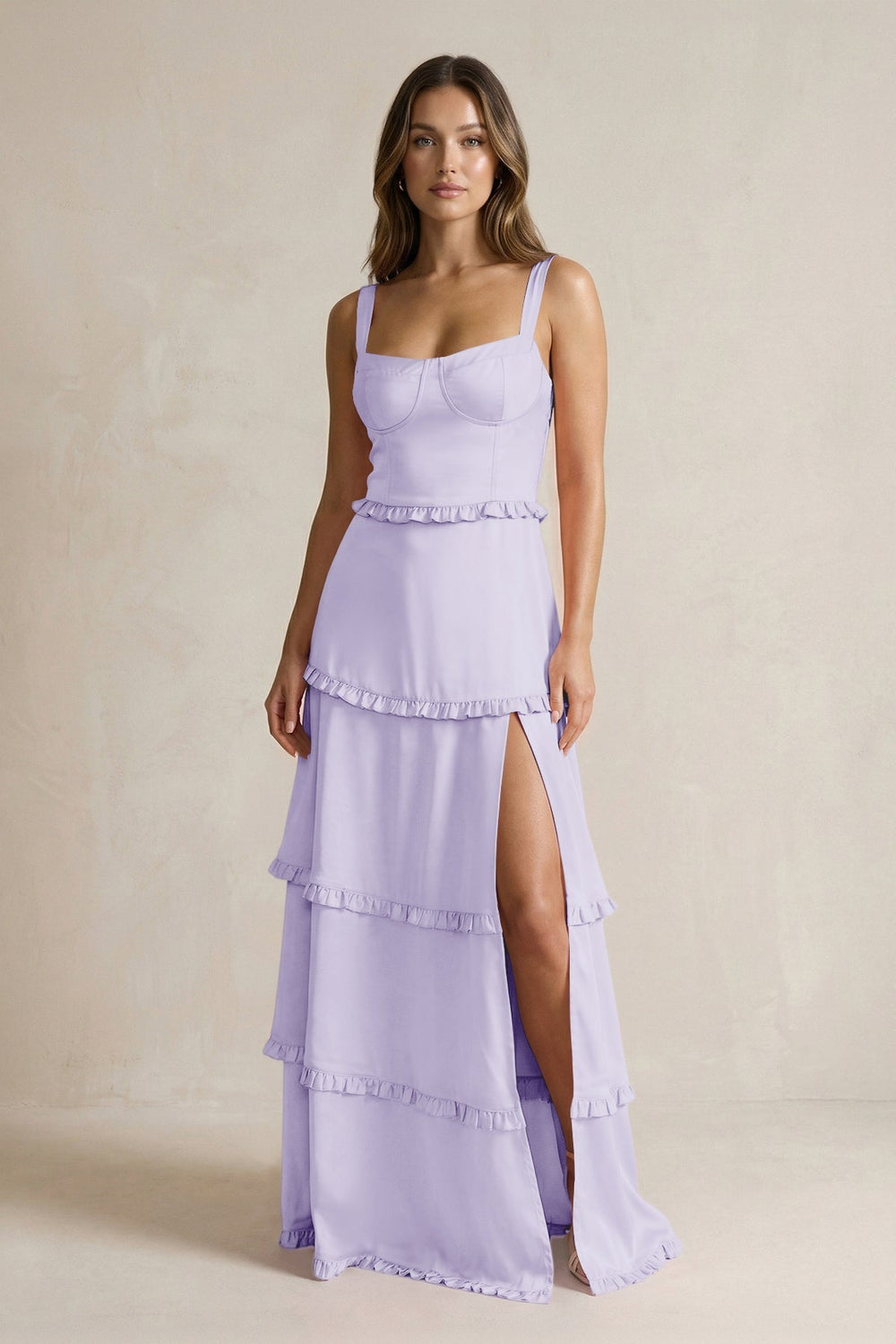 Tiered Ruffled A-Line Bridesmaid Dress With Slit in Lavender