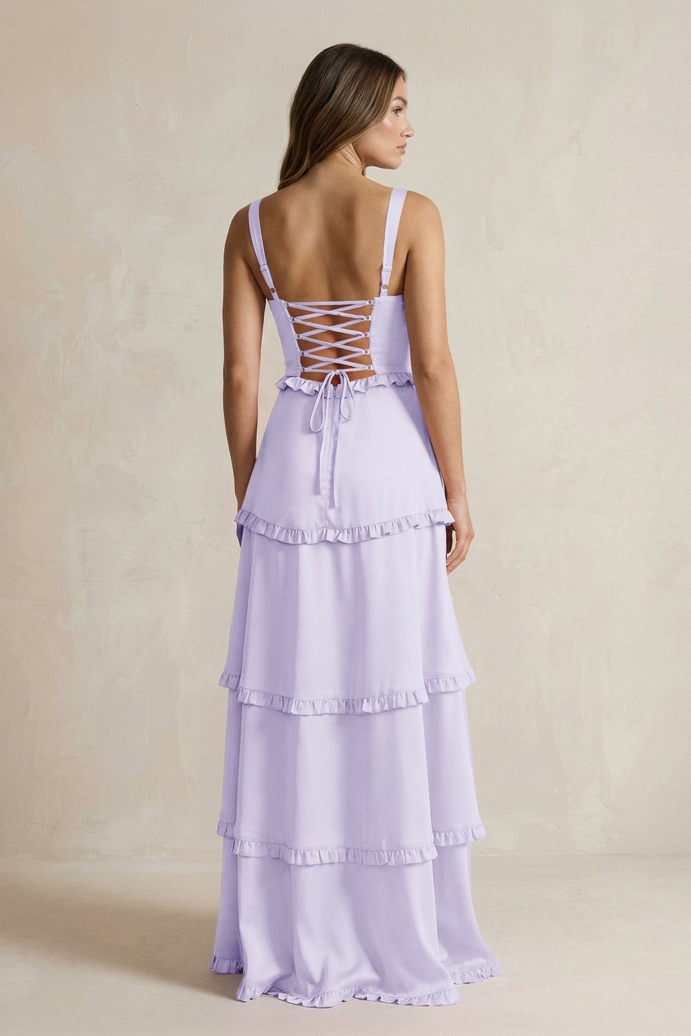 Tiered Ruffled A-Line Bridesmaid Dress With Slit in Lavender