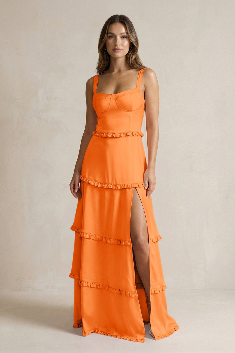 Tiered Ruffled A-Line Bridesmaid Dress With Slit in Orange