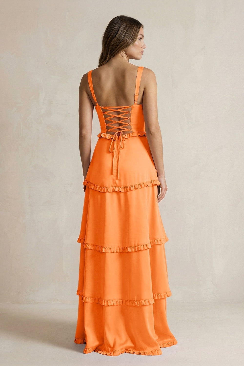 Tiered Ruffled A-Line Bridesmaid Dress With Slit in Orange