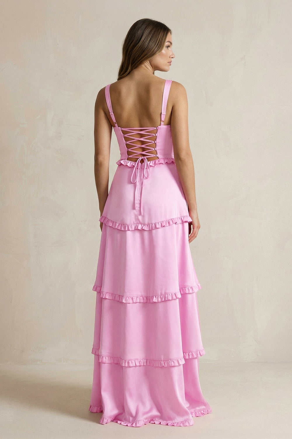Tiered Ruffled A-Line Bridesmaid Dress With Slit in Pink
