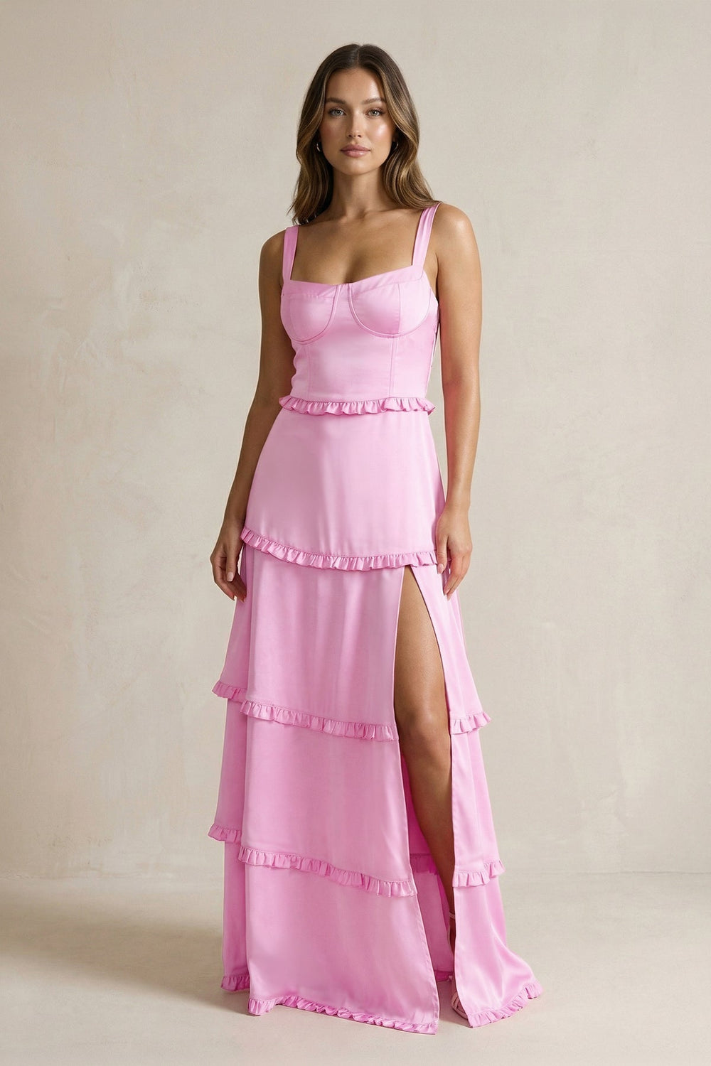 Tiered Ruffled A-Line Bridesmaid Dress With Slit in Pink