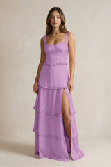 Tiered Ruffled A - Line Bridesmaid Dress With Slit in Vintage Mauve - KISS BRIDAL Bridesmaid Dresses