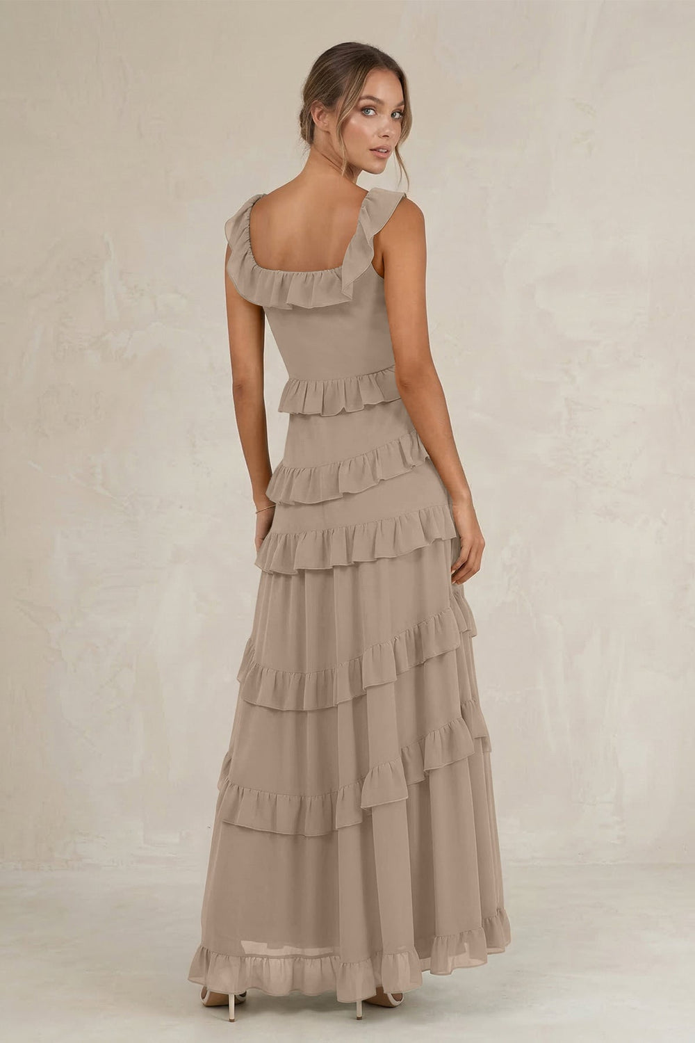 Tiered Square Neck Ruffled A-Line Bridesmaid Dress in Almond