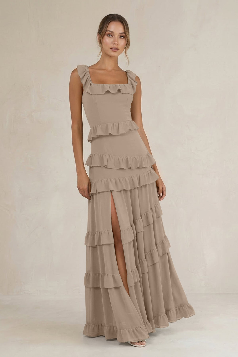 Tiered Square Neck Ruffled A-Line Bridesmaid Dress in Almond