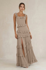 Tiered Square Neck Ruffled A-Line Bridesmaid Dress in Almond | KISSBRIDAL