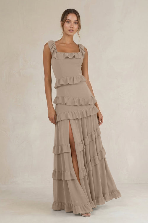 Tiered Square Neck Ruffled A-Line Bridesmaid Dress in Almond | KISSBRIDAL