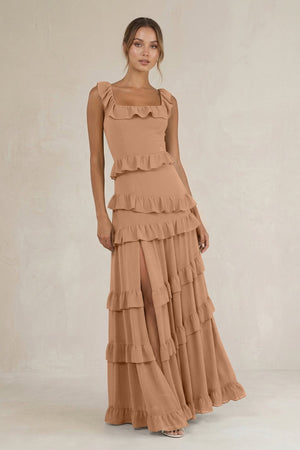 Tiered Square Neck Ruffled A - Line Bridesmaid Dress in Bronzer - KISS BRIDAL Bridesmaid Dresses