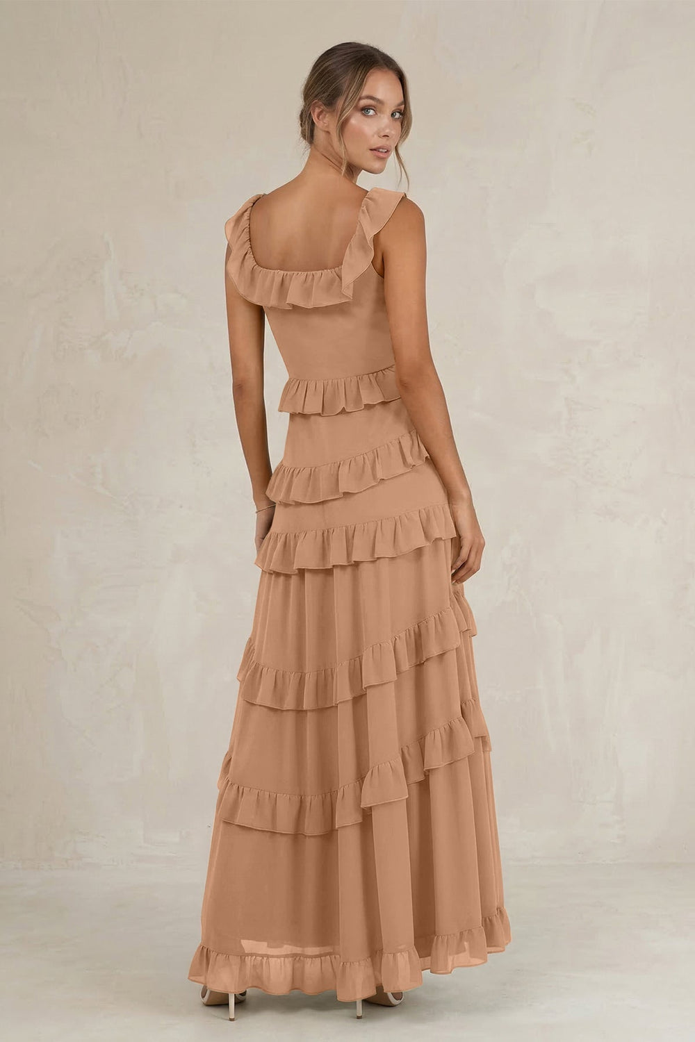 Tiered Square Neck Ruffled A-Line Bridesmaid Dress in Bronzer
