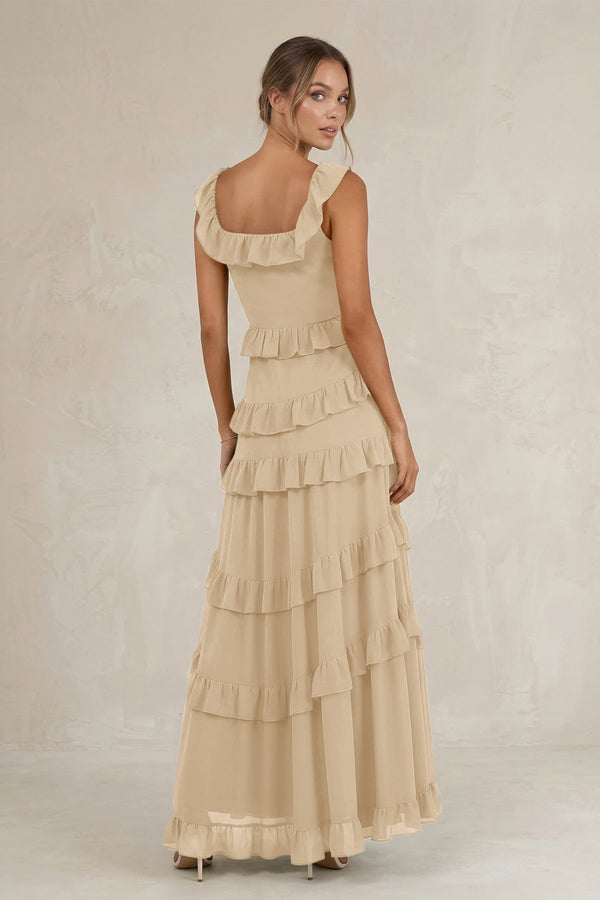 Tiered Square Neck Ruffled A-Line Bridesmaid Dress in Champagne (2) | KISSBRIDAL