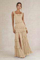 Tiered Square Neck Ruffled A-Line Bridesmaid Dress in Champagne | KISSBRIDAL