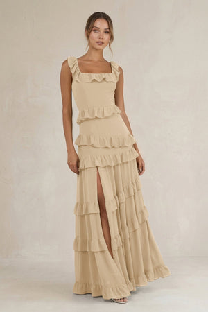 Tiered Square Neck Ruffled A-Line Bridesmaid Dress in Champagne | KISSBRIDAL
