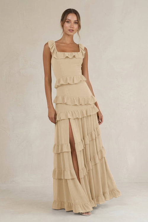 Tiered Square Neck Ruffled A-Line Bridesmaid Dress in Champagne | KISSBRIDAL