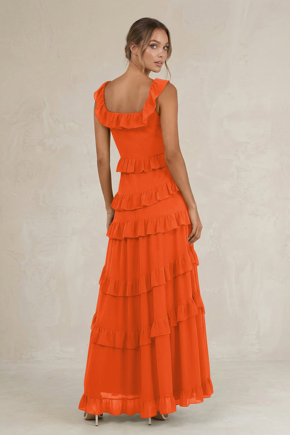 Tiered Square Neck Ruffled A-Line Bridesmaid Dress in Cinnamon