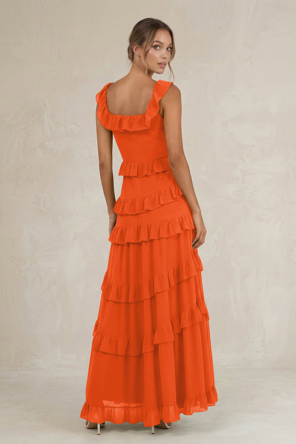 Tiered Square Neck Ruffled A-Line Bridesmaid Dress in Cinnamon (2) | KISSBRIDAL