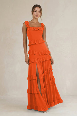 Tiered Square Neck Ruffled A-Line Bridesmaid Dress in Cinnamon | KISSBRIDAL