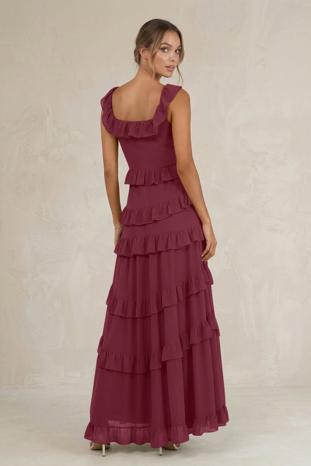 Tiered Square Neck Ruffled A-Line Bridesmaid Dress in Desert Rose