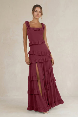 Tiered Square Neck Ruffled A-Line Bridesmaid Dress in Desert Rose | KISSBRIDAL