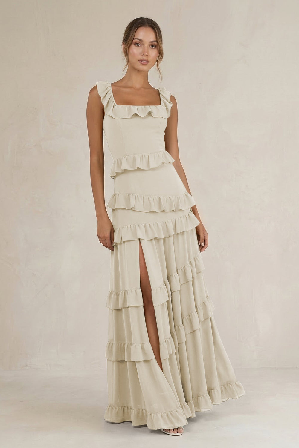 Tiered Square Neck Ruffled A-Line Bridesmaid Dress in Dove Gray