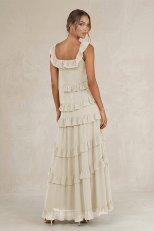Tiered Square Neck Ruffled A - Line Bridesmaid Dress in Dove Gray - KISS BRIDAL Bridesmaid Dresses