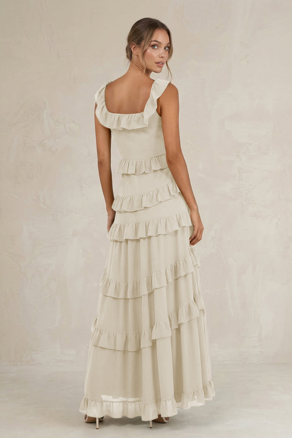 Tiered Square Neck Ruffled A - Line Bridesmaid Dress in Dove Gray - KISS BRIDAL Bridesmaid Dresses