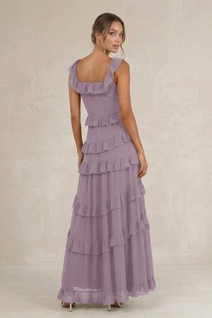Tiered Square Neck Ruffled A-Line Bridesmaid Dress in Dusk (2) | KISSBRIDAL
