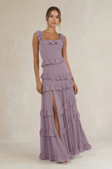 Tiered Square Neck Ruffled A-Line Bridesmaid Dress in Dusk | KISSBRIDAL