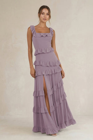 Tiered Square Neck Ruffled A-Line Bridesmaid Dress in Dusk | KISSBRIDAL