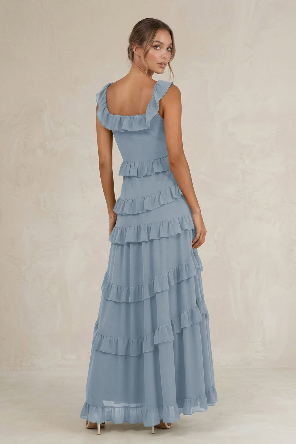 Tiered Square Neck Ruffled A-Line Bridesmaid Dress in Dusty Blue