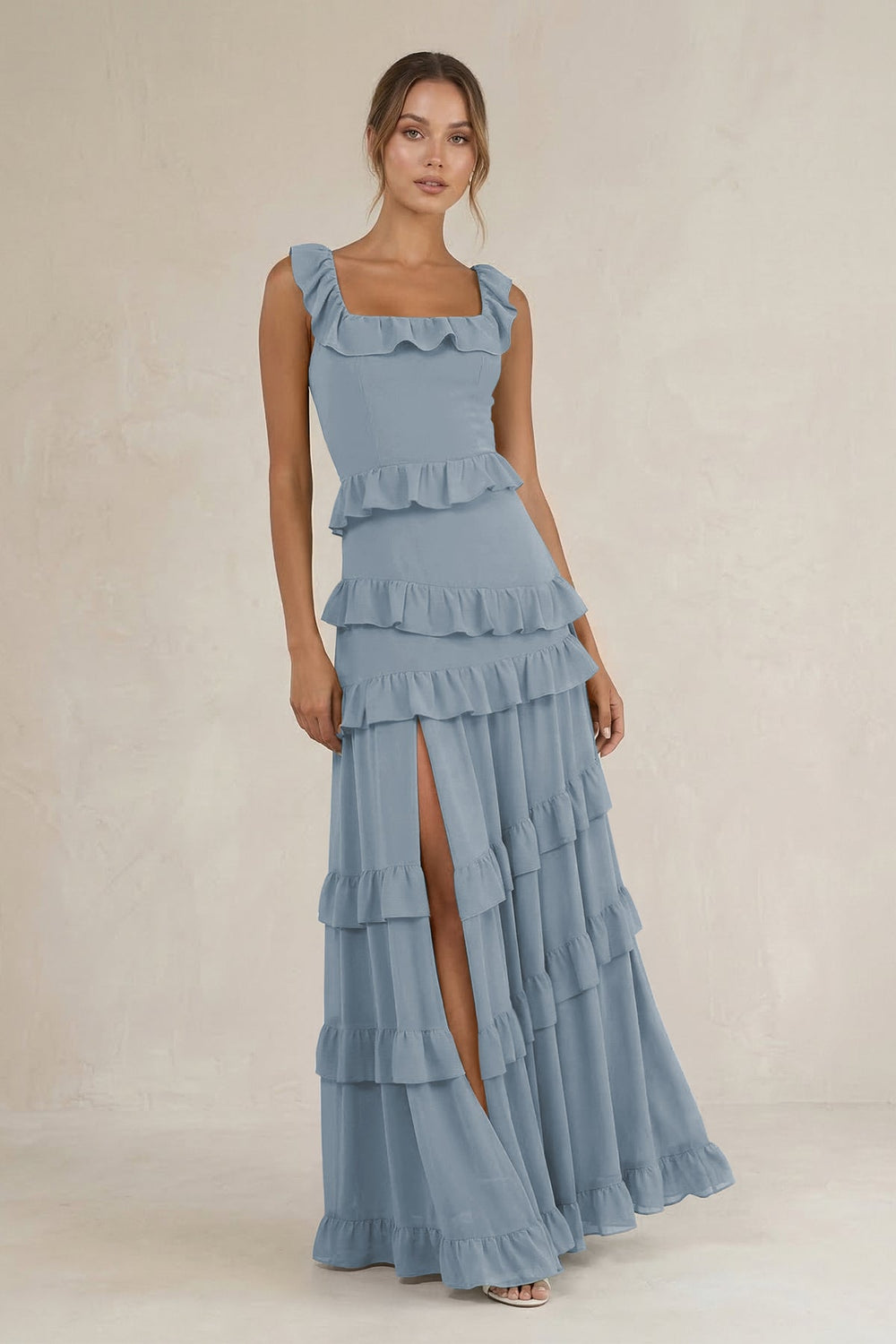 Tiered Square Neck Ruffled A-Line Bridesmaid Dress in Dusty Blue