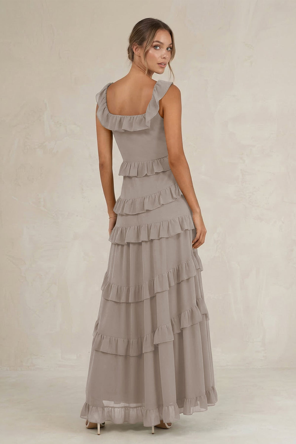Tiered Square Neck Ruffled A-Line Bridesmaid Dress in Frost