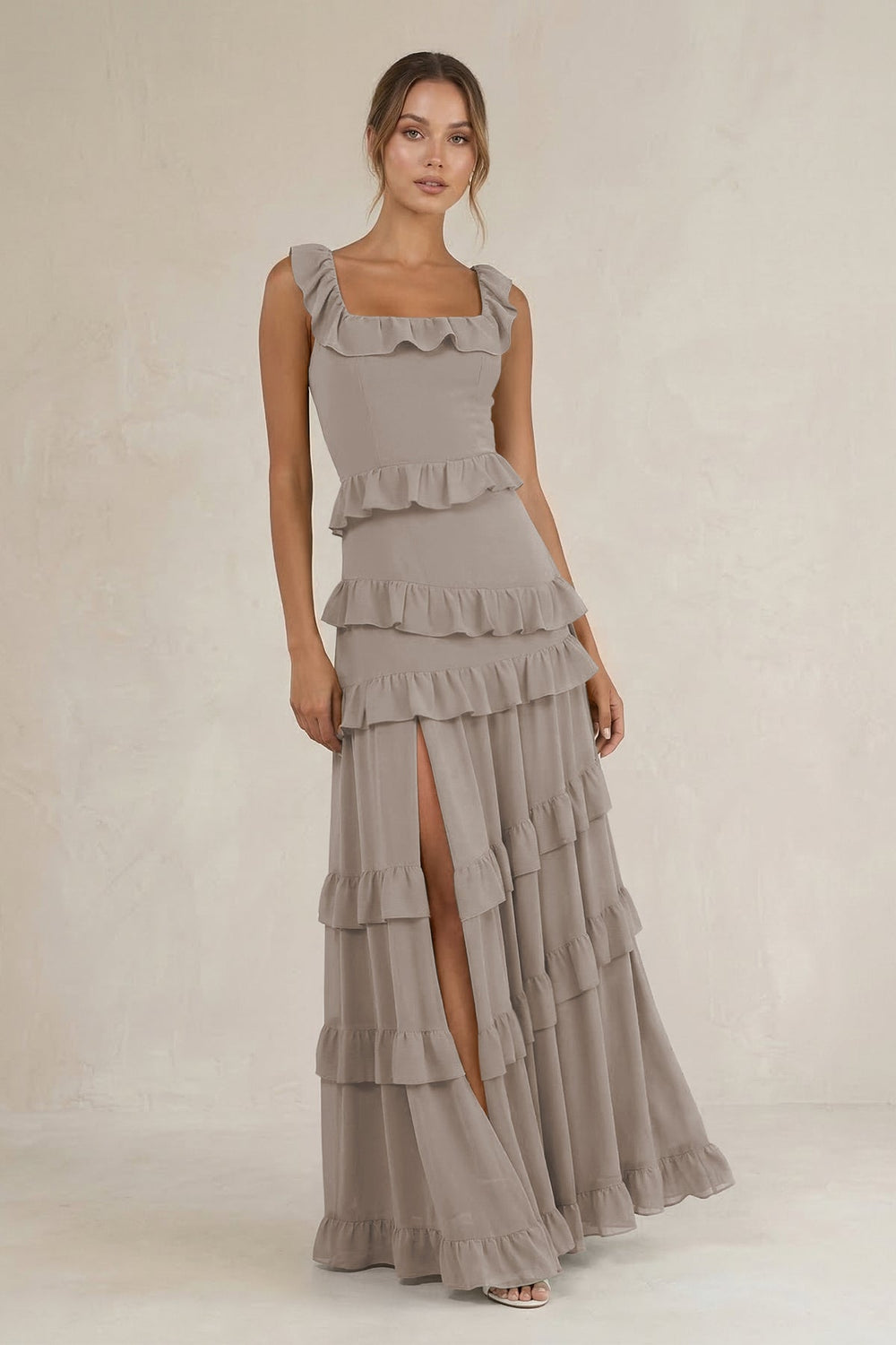 Tiered Square Neck Ruffled A-Line Bridesmaid Dress in Frost