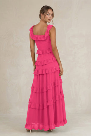 Tiered Square Neck Ruffled A-Line Bridesmaid Dress in Fuchsia (2) | KISSBRIDAL