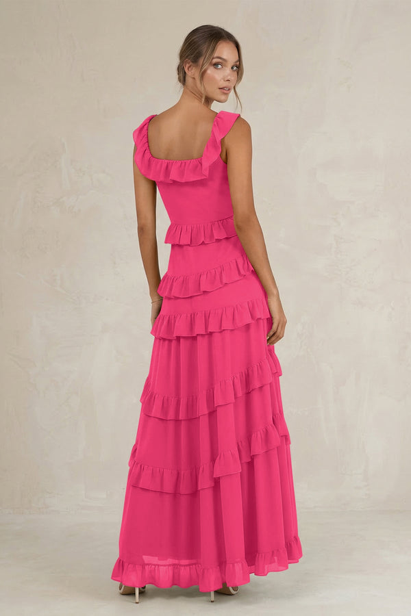 Tiered Square Neck Ruffled A-Line Bridesmaid Dress in Fuchsia (2) | KISSBRIDAL