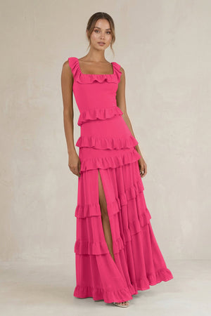 Tiered Square Neck Ruffled A-Line Bridesmaid Dress in Fuchsia | KISSBRIDAL
